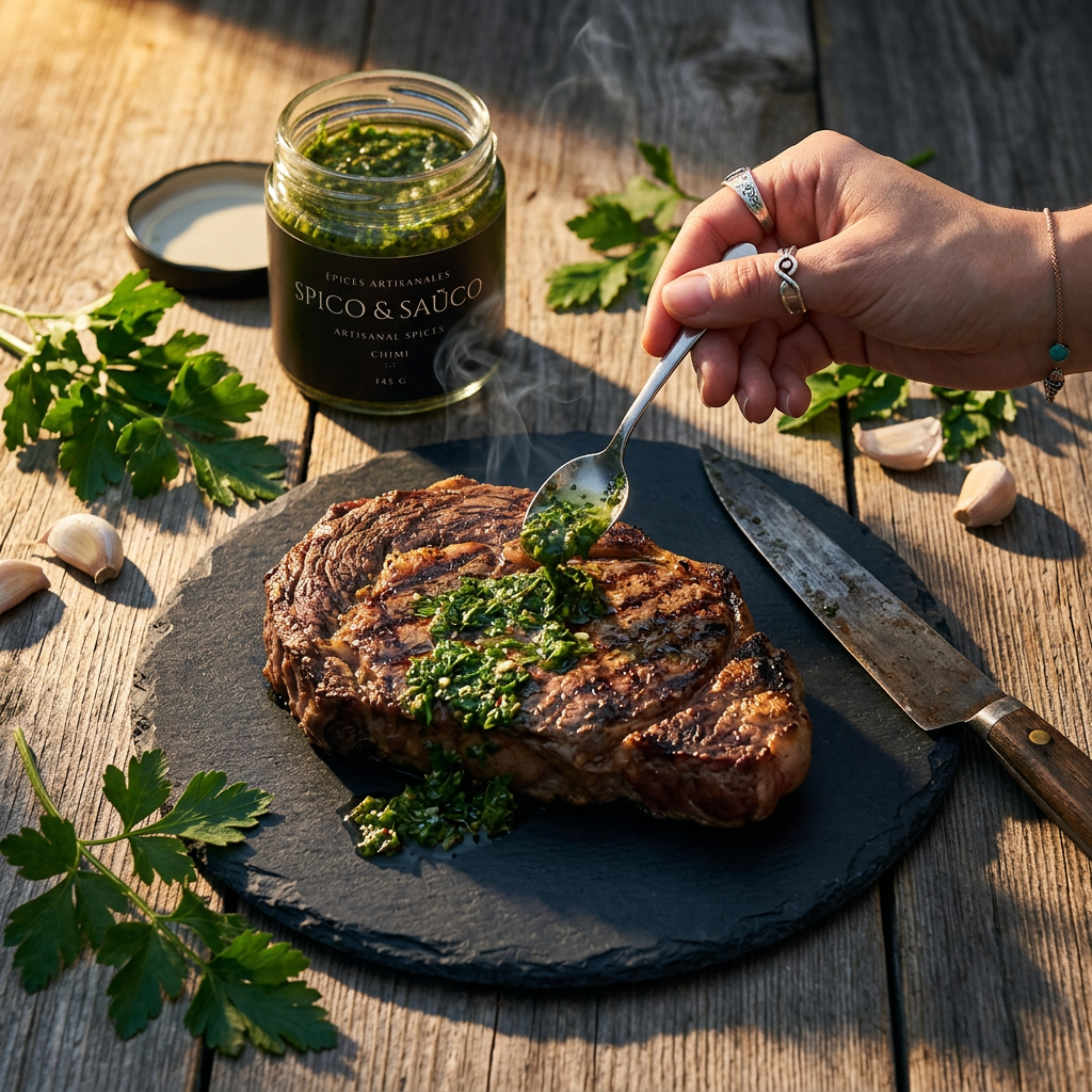 CHIMI hot sauce on grill table — smoky spicy condiment for BBQ and dipping