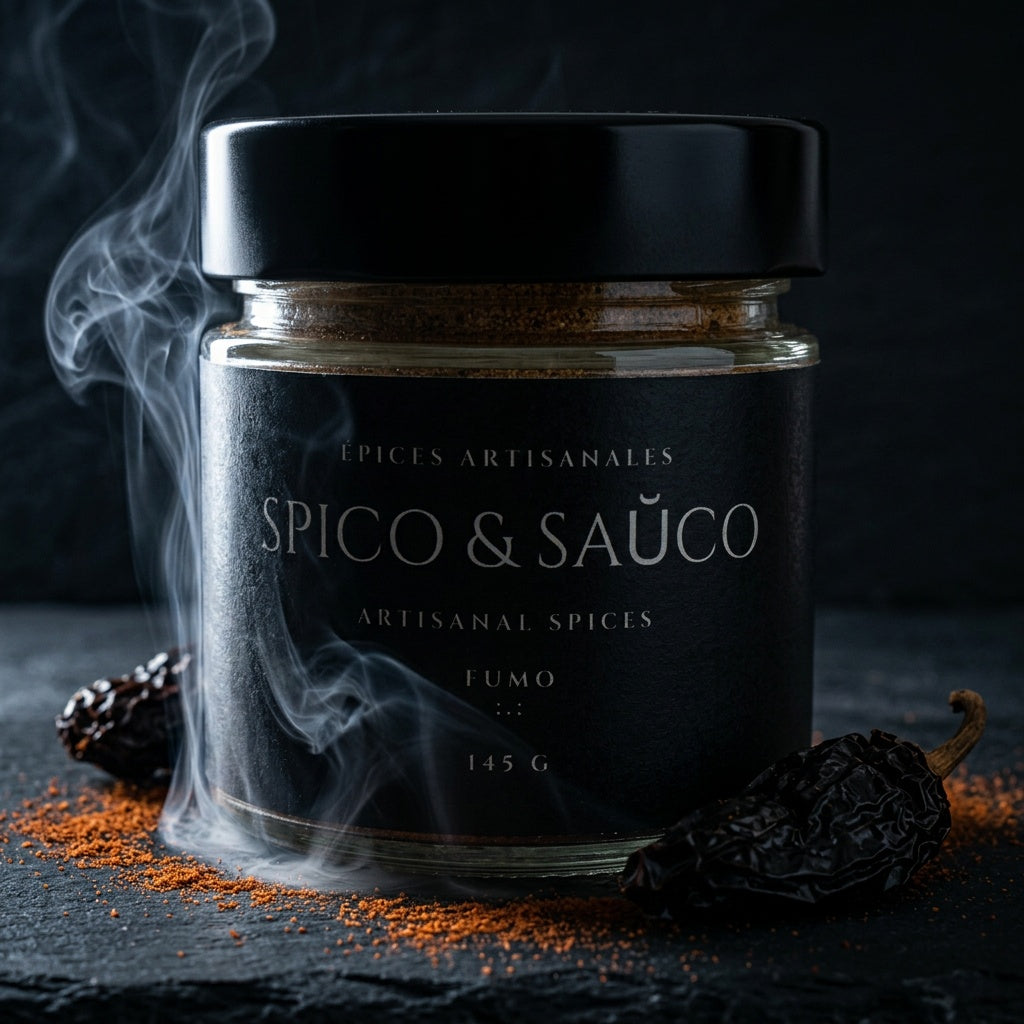 FUMO spice jar on kitchen counter — bold smoked seasoning for chicken salmon and steak